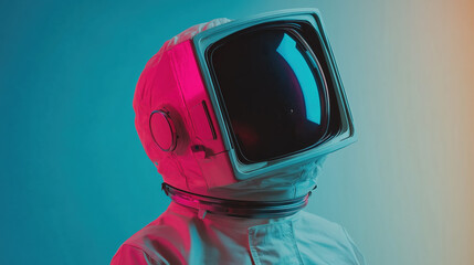 TV Head Astronaut Looking Upwards with Blue and Red Lighting.