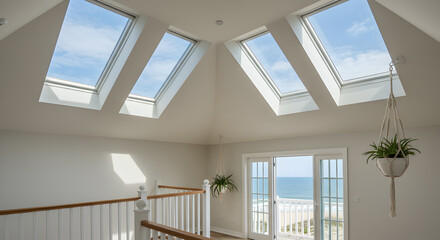 Fototapeta premium Bright Beach House Loft Interior Featuring Skylights and Ocean View