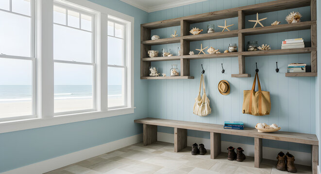 Coastal Home Mudroom With Hooks for Hats and Shelves Displaying Shells
