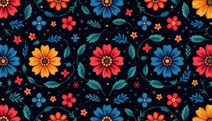 Intricate floral motif seamlessly repeats on dark background , leaves, seamless