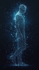 Digital figure walking; abstract; dark background; particles; concept