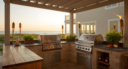 Luxury Beach House Outdoor Kitchen With a Grill And Tiki Torches At Sunset