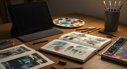 Artist Desk Scene Featuring a Tablet Sketchbook and Painting Supplies Still Life