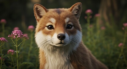Portrait of a Red Fox Amidst Pink Flowers in a Green Field