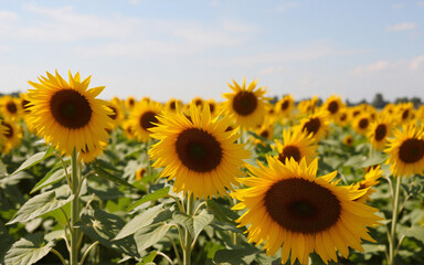 Fototapeta premium A bright yellow sunflower field extends to the horizon under a clear blue sky on a sunny day, showcasing vibrant summer flora in full bloom.