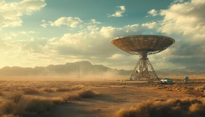 A wideangle shot of a satellite communications station in a desert landscape, Satellite Technology, Vast and interconnected