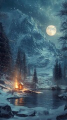 Winter Wonderland: Cabin by the Lake under a Magical Night Sky