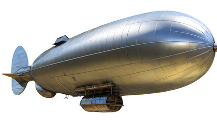 A sleek, silver airship floats against a white background, showcasing its streamlined structure and gondola below. The large, oval-shaped body and rear stabilizers emphasize its design 