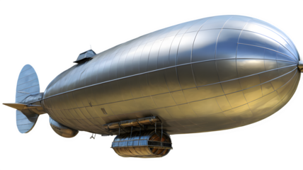 A sleek, silver airship floats against a white background, showcasing its streamlined structure and gondola below. The large, oval-shaped body and rear stabilizers emphasize its design 