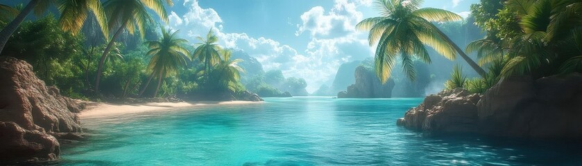 Fototapeta premium A wideangle shot of a tropical island with palm trees and clear blue water, Island Paradise, Stunning and serene