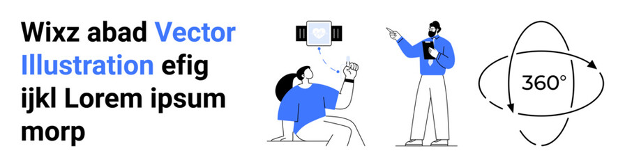 Group collaborating on 360 tech and devices. Ideal for technology, innovation, collaboration, learning, presentation, tech blogs simple landing page. Line metaphor. Simple line icons