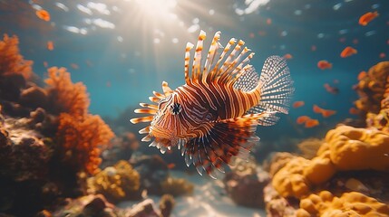 Striking Lionfish Portrait Amidst a Vibrant Coral Reef Environment Scene