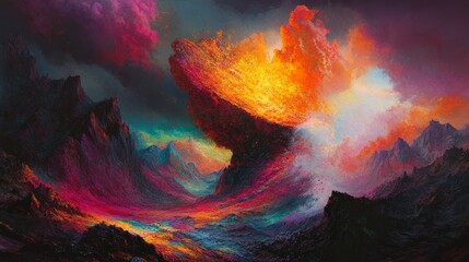Abstract landscape painting with colorful clouds mountains and a surreal atmosphere.
