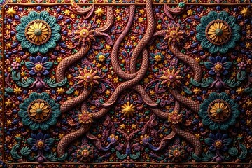 Intricate woven tapestry, rich textures, repeating design , ethnic pattern, vintage
