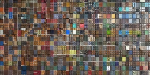 Colorful square tile mosaic artwork, diverse textures and hues arranged in grid pattern tile pattern