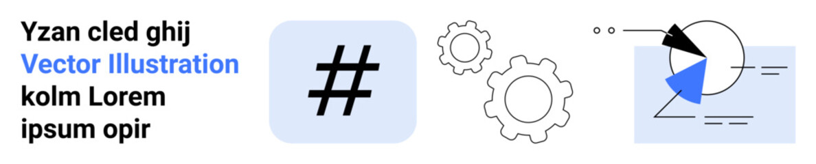Gear wheels, pie chart with segments, and a metadata tag icon representing collaboration, data, and progress. Ideal for technology, teamwork, analytics, communication innovation development simple