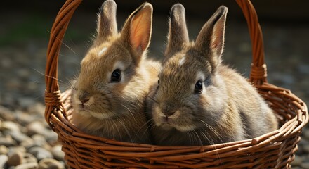 Adorable Baby Rabbits Sitting in a Wicker Basket