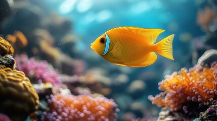 Obraz premium Vibrant underwater world, sunburst fish swimming among colorful coral reef