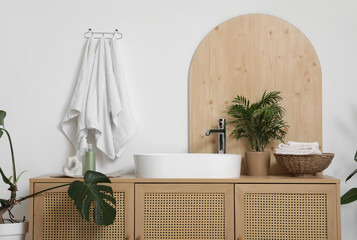 Houseplants and hanging clean towels on white wall near modern sink in bathroom