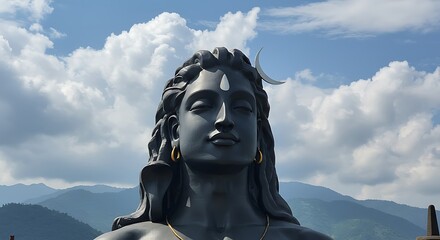 Magnificent Adiyogi statue against a backdrop of rolling hills and blue skies