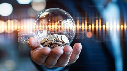 Financial Future In Hand Professionals Digital Investment Vision Glass Sphere Holds Wealth, Representing Finance Business Growth Data Flows, Envisioning Secure Future With Investment Sphere