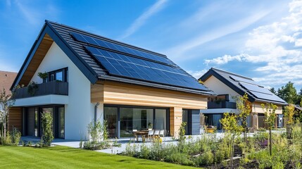 Fototapeta premium Contemporary homes with solar panels against a sunny sky providing clean energy