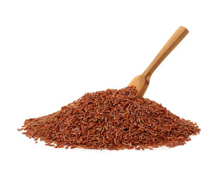 Heap of raw brown rice with wooden scoop on white background