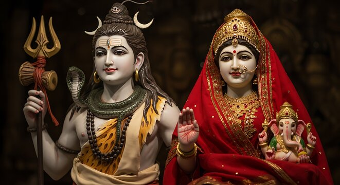 Hindu deities idols, shiva and parvathi statues, traditional artwork and symbolism