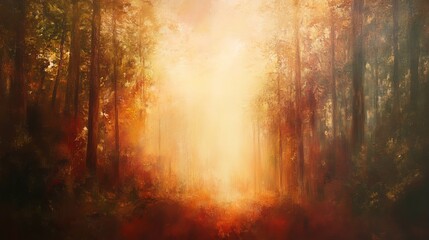 Obraz premium Forest scene with trees and sunlight filtering through the leaves creating a glow.