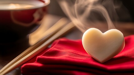 A heart-shaped piece of soap resting on a red cloth, surrounded by chopsticks and a steaming bowl, creating a warm and inviting atmosphere, symbolizing love and comfort