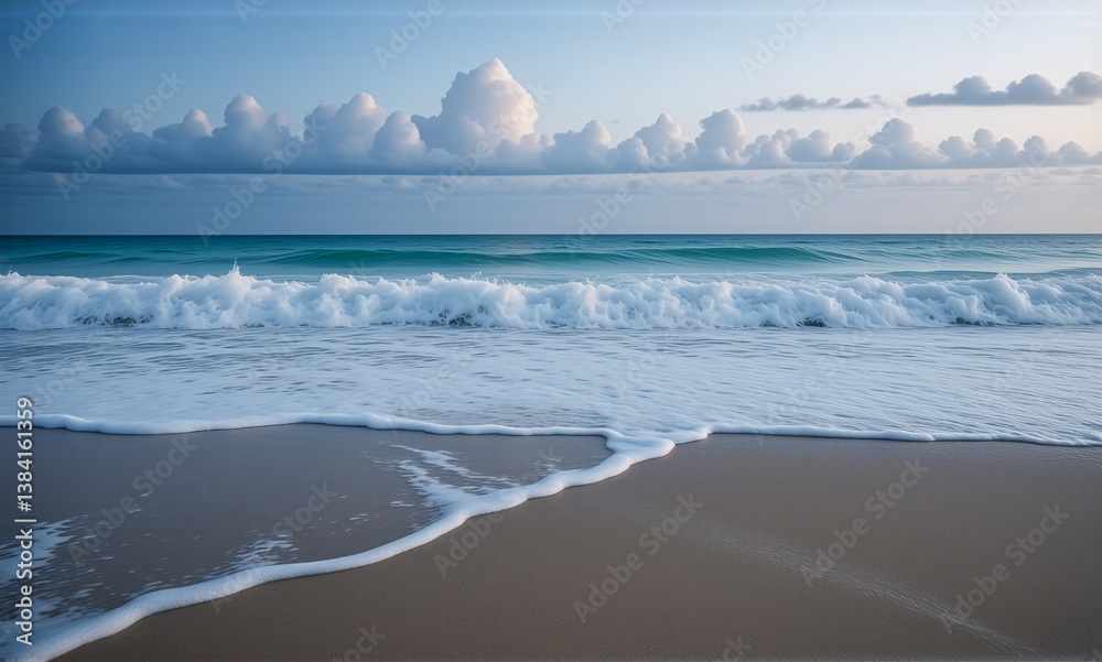 Poster calm turquoise waves gently roll onto a sandy beach under a soft cloudy sky. a serene and peaceful o