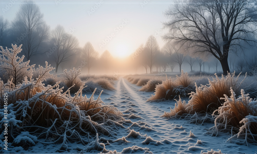 Poster a frosty path winds through a serene winter landscape as dawn breaks. trees and grass are covered in