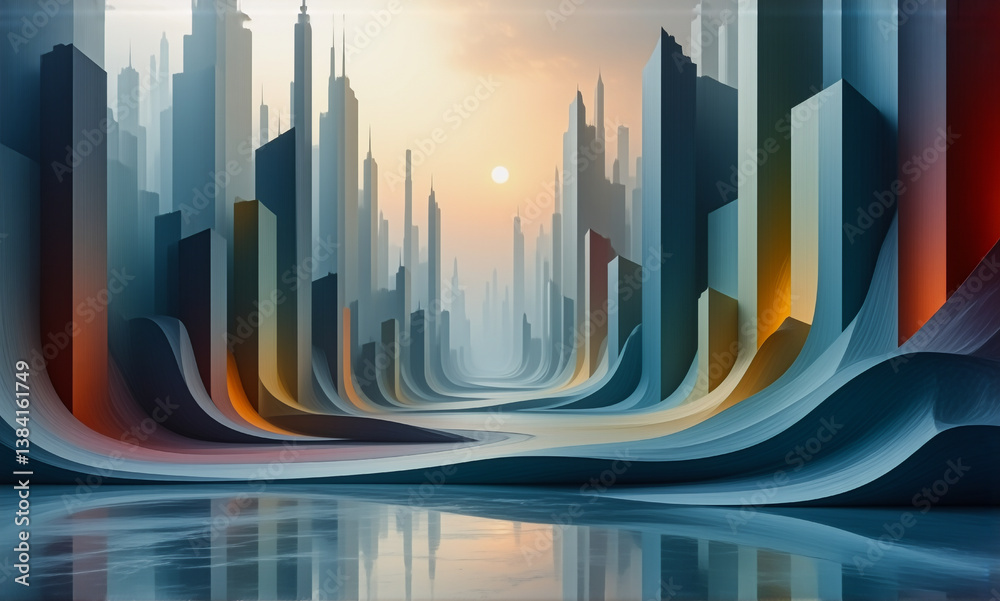 Poster abstract cityscape with towering buildings receding into the distance under a soft sunset sky. a ref