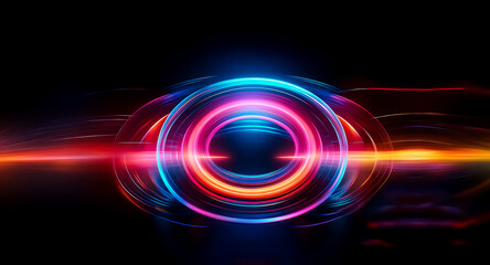 Abstract circles of vibrant light glow against a dark backdrop, creating a dynamic and energetic visual with radiating colors.