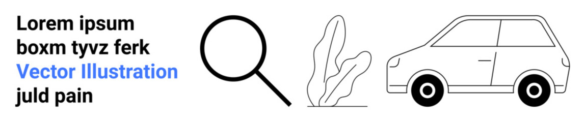 Magnifying glass, small car, abstract plant, and placeholder text illustrate focus, exploration, transport, and modern design. Ideal for technology, travel research design education eco-concepts