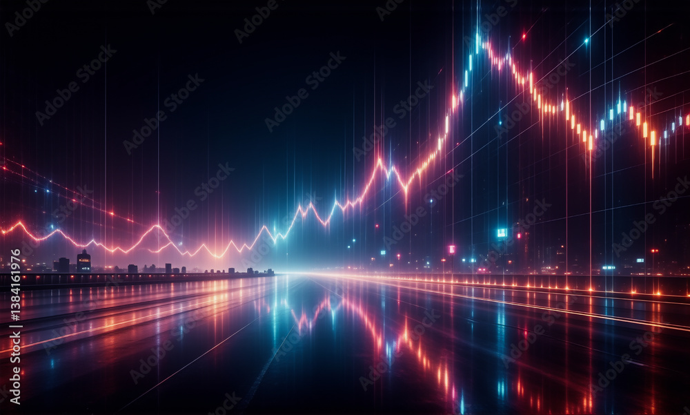 Poster neon stock market chart with bright neon lines against a dark backdrop. digital financial data refle