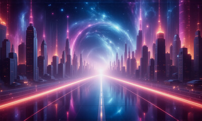 Neon cityscape with vibrant, glowing skyscrapers illuminated by pink and blue lights. A futuristic urban scene featuring a bright, illuminated path and abstract energy streams.