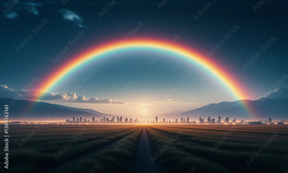 Poster a vibrant rainbow arcs over a distant city skyline at sunset, viewed from a field with mountains in 