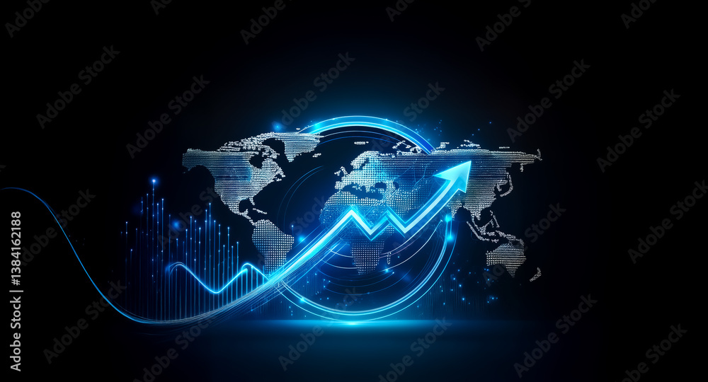 Poster glowing blue arrow dynamically ascends over a world map against a dark backdrop, symbolizing global 