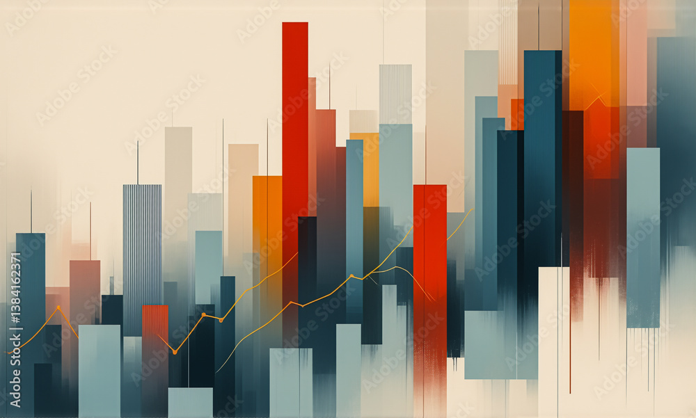 Poster abstract depiction of vertical bars in varying heights and colors, resembling a cityscape or data vi