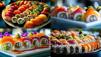 Assorted sushi platters, various rolls, nigiri, maki.