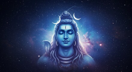 Majestic portrayal of Shiva meditating amidst a starlit cosmic expanse