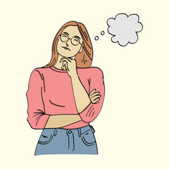 Thoughtful Young Woman in Pink Sweater and Blue Jeans.Hand Drawn Vector Illustration.