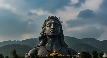 Fototapeta premium Majestic Adiyogi Shiva Statue Ascends Under Tranquil Cloudy Sky Backdrop