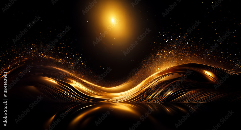 Wall mural elegant golden waves flow across a dark backdrop, illuminated by a bright light source, creating a l
