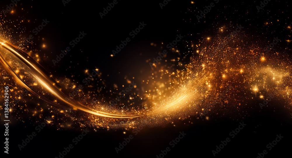 Wall mural a golden wave of light and sparkles flows across a dark backdrop, creating a sense of movement and e