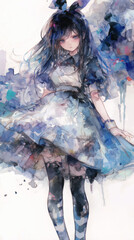 ゴシックファッションの黒髪少女アリスの肖像画｜リボンと十字架の装飾が美しい幻想的な水彩イラスト素材｜ファッション・アニメ・少女検索に対応。スマートフォン9:16のアスペクト比