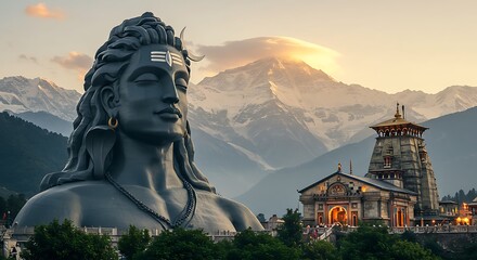 Majestic shiva statue and kedarnath temple with himalayan backdrop panorama © YESI