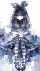 黒リボンとレースドレスを着た美しいアリス風の少女｜青い目と黒髪が幻想的に描かれた繊細な水彩イラスト｜クラシカル・ロリータ・耽美系タグ向き。スマートフォン9:16のアスペクト比