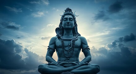 Fototapeta premium Serene depiction of Lord Shiva in meditative pose against a cloudy ethereal sky